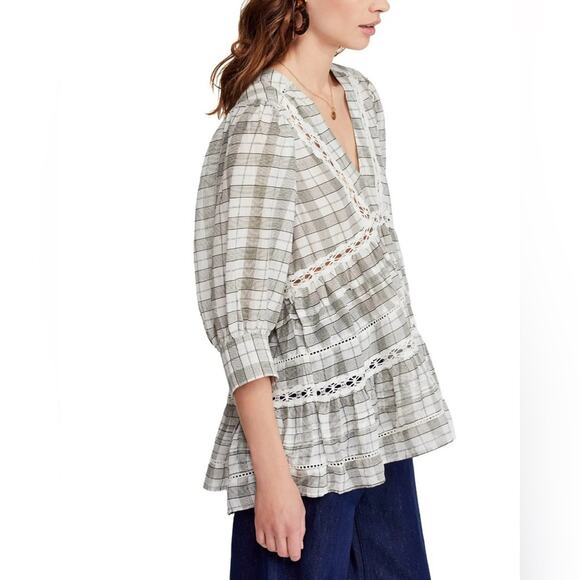 NWT Free People Time Out Lace Trim Plaid Puff Sleeve Trapeze Tunic Blouse Sz M - Picture 4 of 15